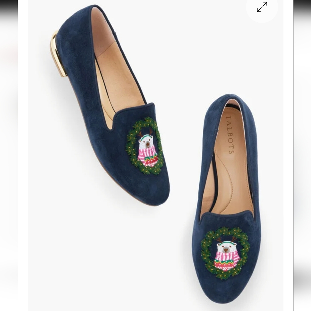 Talbots Ryan Embroidered Suede Loafers Blue- Polar Bear, Chritmas Holiday